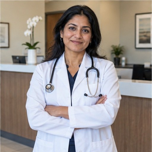 Physician at her practice's front desk